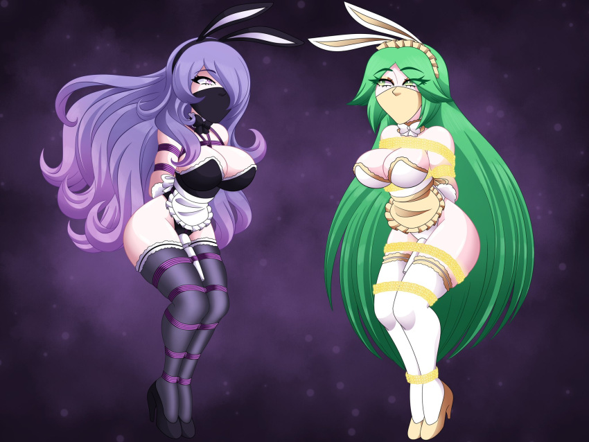 2girls alternate_costume bare_thighs bearbuckscoffee bondage breasts bunny_ears bunny_girl bunnysuit camilla_(fire_emblem) cleavage crossover female female_only femsub fire_emblem fire_emblem_fates gag green_eyes green_hair hair_over_one_eye high_heels hourglass_figure kid_icarus large_breasts leotard looking_at_another maid medium_breasts multicolored_hair multiple_girls multiple_subs nintendo palutena pink_eyes purple_hair rope rope_bondage sex_toy thighhighs thighs very_long_hair vibrator wide_hips