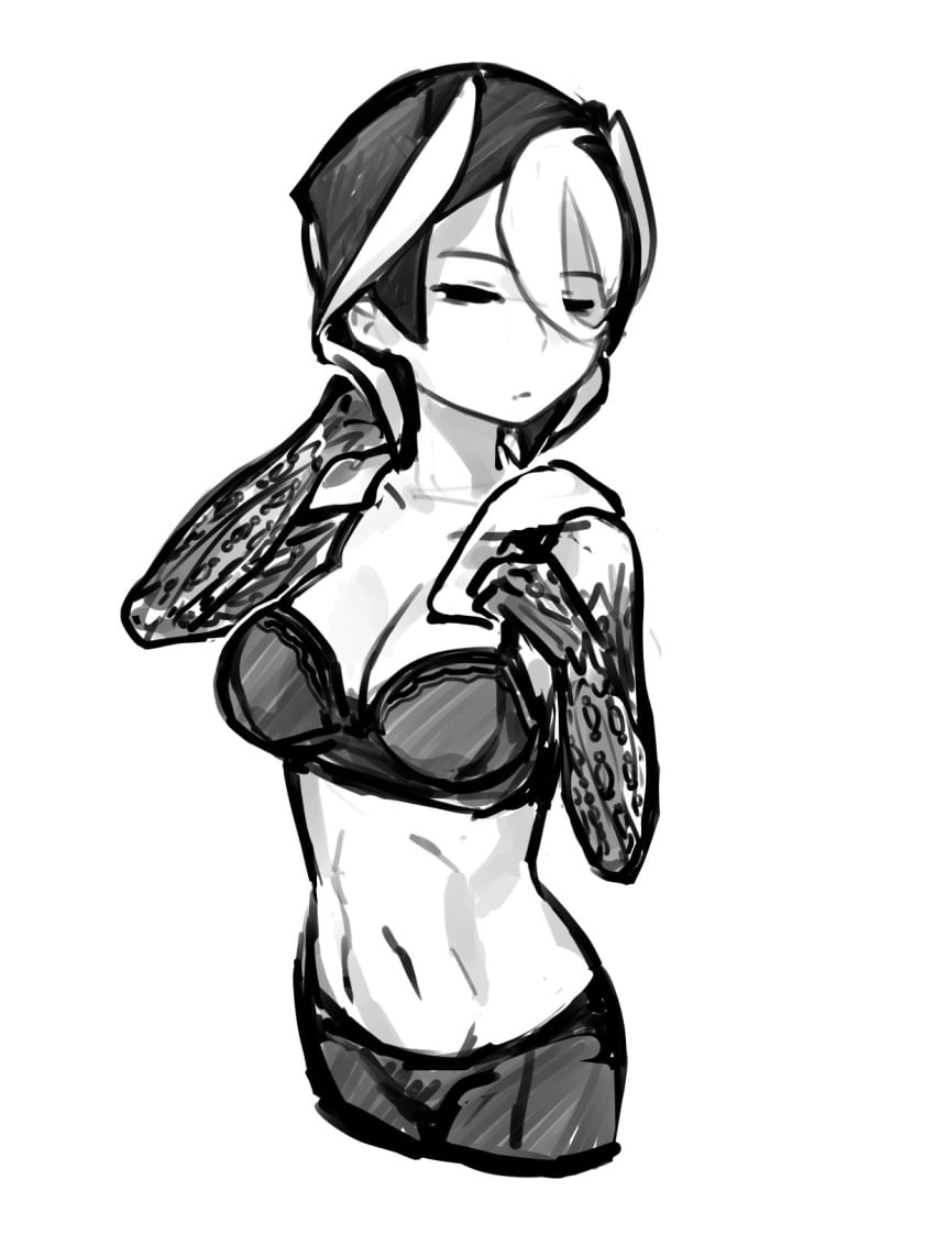 body_markings bra cleavage female female_only hair_between_eyes half-closed_eyes kingjoshuaart made_in_abyss medium_breasts monochrome ozen short_hair sketch solo towel_around_neck two_tone_hair