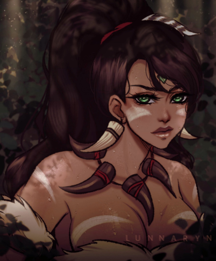 1girl 1girls big_breasts black_hair black_hair_female clevage dark-skinned_female dark_skin feather female female_focus female_only forehead_gem forehead_jewel forest forest_background gem_on_forehead green_eyes green_eyes_female hi_res high_res high_resolution highres jewel_on_forehead league_of_legends long_hair long_hair_female looking_at_viewer lunnaryart nidalee ponytail ponytail_female riot_games sweat sweatdrop sweating tooth_necklace