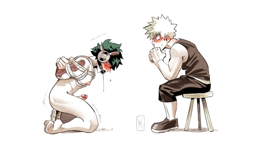 2boys ball_gag blindfold blindfolded blush bondage clothed_male clothed_male_nude_male dildo dildo_in_ass erect_penis erection gagged headphones izuku_midoriya katsuki_bakugou male/male male_only my_hero_academia nude_male rope_bondage saliva saliva_string sensory_deprivation sitting_on_dildo tagme wildmage yaoi