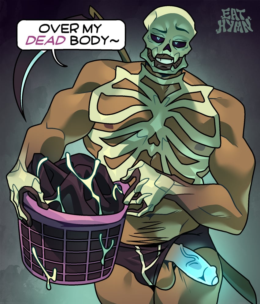 bara bones cum death eat_hymn gay grim_reaper halloween haunted_hookups laundry muscle muscular muscular_male original_character parody skeleton