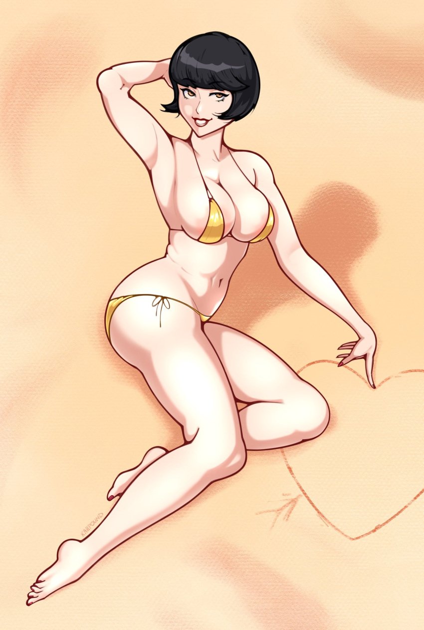 beach bikini bikini_bottom bikini_top eriko_kirishima heart karfound megami_tensei persona persona_2 persona_2_eternal_punishment persona_2_innocent_sin sand shin_megami_tensei smiling smiling_at_viewer thick_ass thick_thighs wide_ass wide_hips wide_thighs