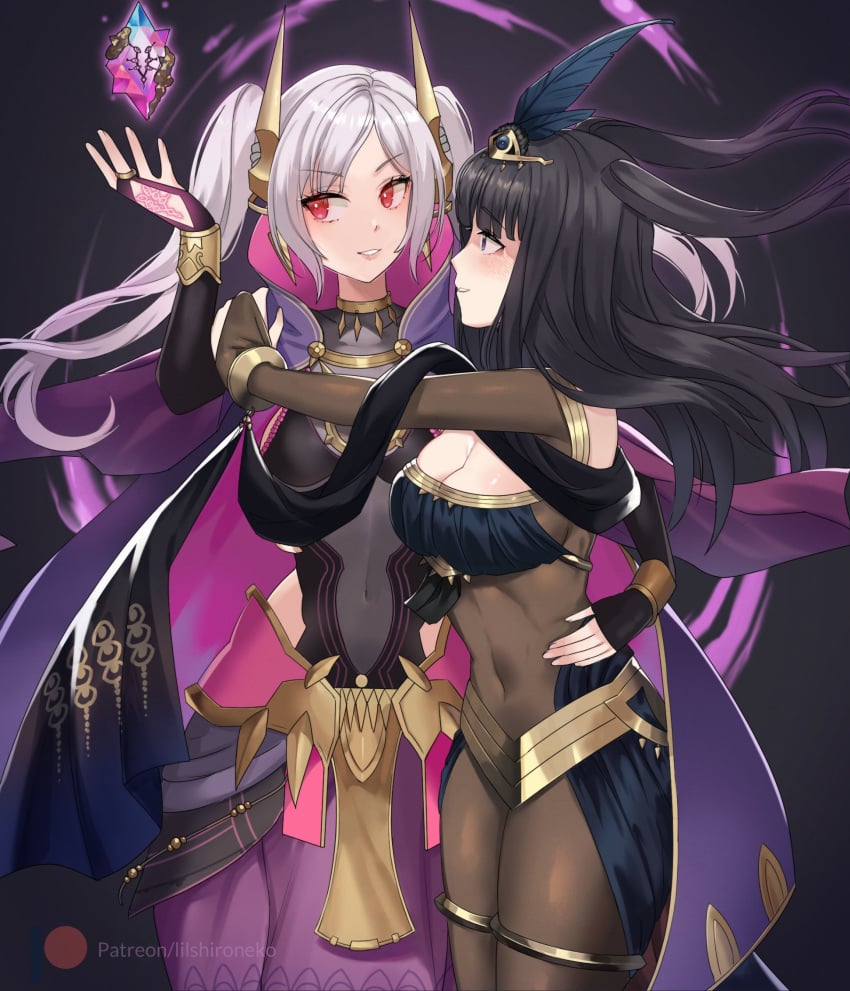 2girls alternate_costume arm_around_waist black_hair black_shawl bodystocking brand_of_the_defile breasts bridal_gauntlets cape cleavage corruption covered_navel dark_persona dragonstone english_commentary evil_smile eyes_of_grima feather_hair_ornament feathers female female_only fire_emblem fire_emblem_awakening fire_emblem_heroes grey_hair grima_(fire_emblem) hair_ornament hand_on_hip hand_tattoo highres lilshironeko multiple_girls nintendo official_alternate_costume possessed possession purple_cape red_eyes robin_(female)_(fell_tactician)_(fire_emblem) robin_(fire_emblem) robin_(fire_emblem)_(female) see-through see-through_cleavage shawl smile tattoo tharja_(fire_emblem) tharja_(plegian)_(fire_emblem) tiara twintails yuri