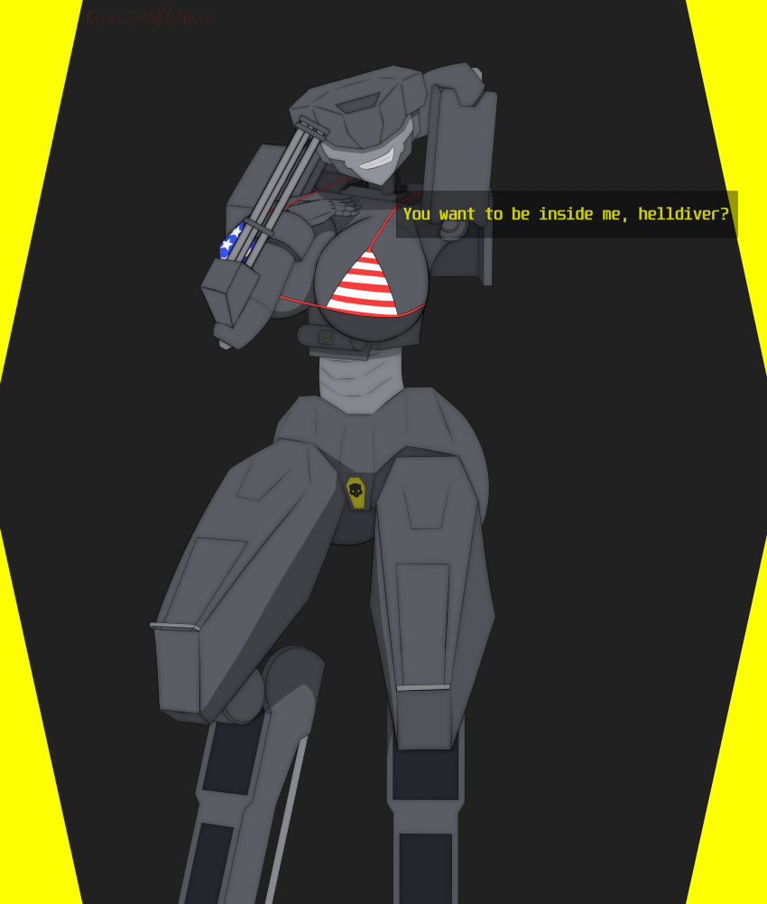 1girls american_flag_bikini bikini bikini_top gun helldivers helldivers_2 kawaiiredpandas large_breasts living_machine machine patriot_exosuit robot robot_girl robot_humanoid smile weapon