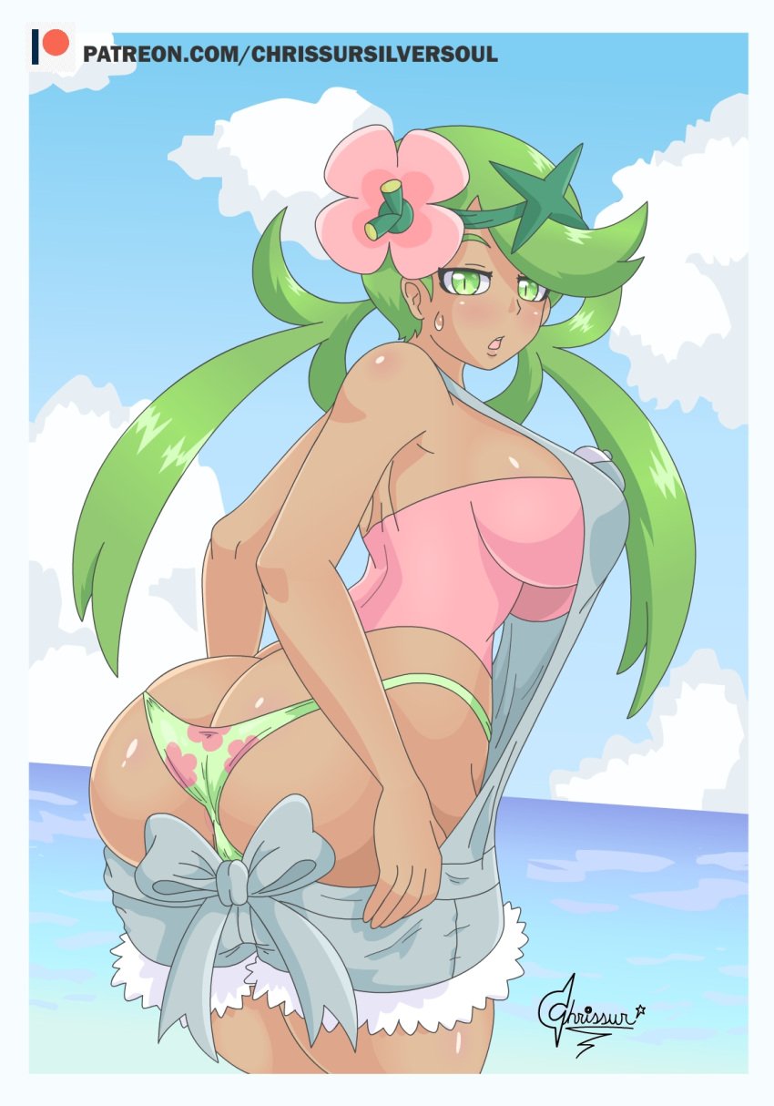 1girls ass big_ass big_breasts bikini_bottom bottomwear breasts chrissursilversoul clothing female female_only flower flower_in_hair game_freak green_bikini_bottom green_eyes green_hair hair hair_ornament huge_ass mallow_(pokemon) overalls overalls_down pokemon pokemon_sm solo solo_female topwear tubetop twintails