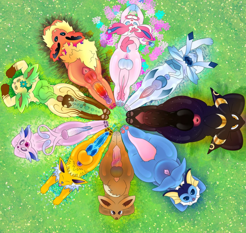 absurd_res animal_genitalia anthro ass balls canid canine cloaca cock-tail digital_media_(artwork) eevee eeveelution erection espeon eye_contact female feral flareon fur game_freak generation_1_pokemon generation_2_pokemon genitals glaceon group hair hi_res jolteon leafeon nintendo outdoors pokemon pokemon_(species) sylveon top_view vaporeon xenolith0