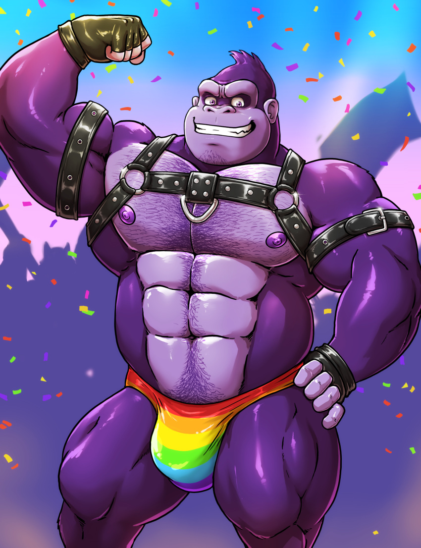 abs absurd_res anthro ape beard big_pecs body_hair bulge chest_hair clothing confetti donkey_kong_(series) facial_hair fur gloves gojho gorilla hair handwear haplorhine harness hi_res leather lgbt_pride male male_focus male_only mammal monkey multicolored_clothing multicolored_speedo multicolored_swimwear musclegut muscular muscular_anthro muscular_male nintendo nipples pecs pride_color_clothing pride_color_speedo pride_color_swimwear pride_colors primate purple_body purple_fur rainbow_pride_colors rainbow_speedo six-stripe_rainbow_pride_colors solo solo_male speedo swimwear