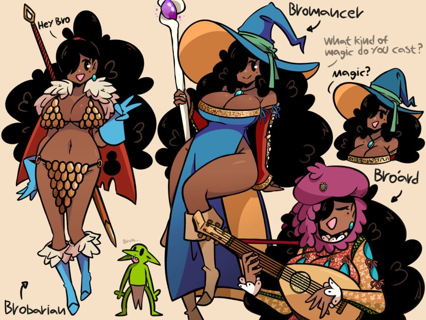 barbarian bard barely_clothed beige_background big_breasts bikini_armor black_hair bro_(murgoten) cape earring fantasy goblin loincloth lute magic_staff magic_user mole mole_under_eye murgoten necklace sword wizard wizard_hat