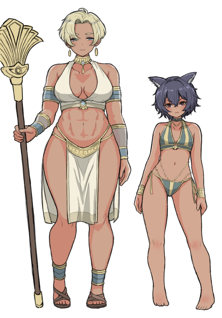 blonde_hair catgirl egyptian gold_jewelry muscular_female noe_aoikaba original original_character purple_hair sandals size_difference tagme