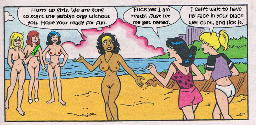 6+girls 6girls archie_comics beach betty_and_veronica betty_cooper black_hair blonde_hair breasts clothed_female_nude_female dark-skinned_female dark_skin dildo female female_only human multiple_girls nancy_woods nude orgy pussy sex_toy veronica_lodge yuri