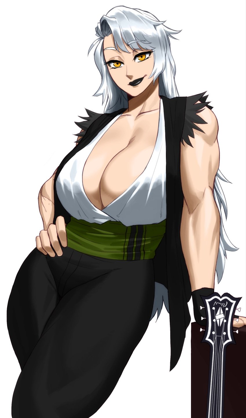 1girls amber_eyes big_breasts black_lipstick cleavage commission female female_only hand_on_hip leaning_on_hand long_hair looking_at_viewer muscular muscular_female smiling smiling_at_viewer solo solo_focus sotcho very_high_resolution white_background white_hair