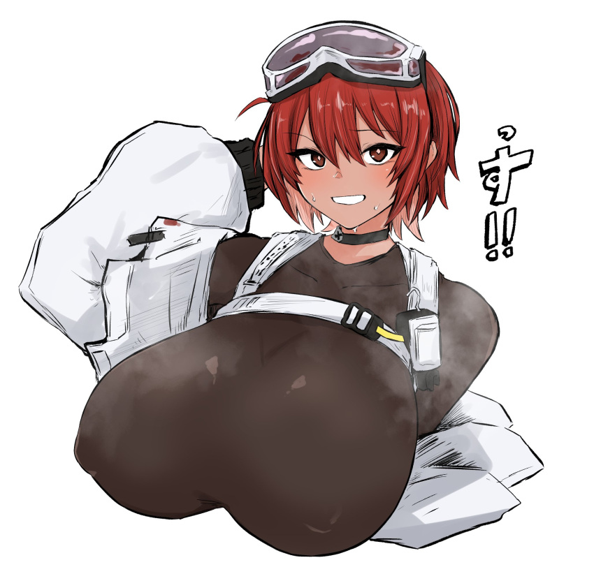 1girls blush brown_eyes cropped_torso dark-skinned_female dark_skin female_only fully_clothed goddess_of_victory:_nikke grin hammering_(nikke) large_breasts nipple_bulge red_hair steam sweat tight_clothing tkool_man