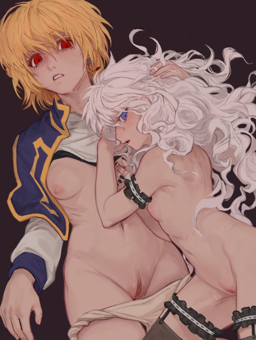 2girls absurdres blonde_hair blue_eyes breasts brown_background clothes_pull curly_hair eyelashes female female_kurapika female_only genderswap_(mtf) hair_between_eyes highres human hunter hunter_x_hunter ik18166181ik killua_zoldyck kurapika lingerie long_hair looking_at_viewer multiple_girls navel nipples nude pale-skinned_female pale_skin parted_lips partially_undressed profile pussy red_eyes rule_63 shiny_skin short_hair shounen_jump small_breasts underwear upper_body yuri