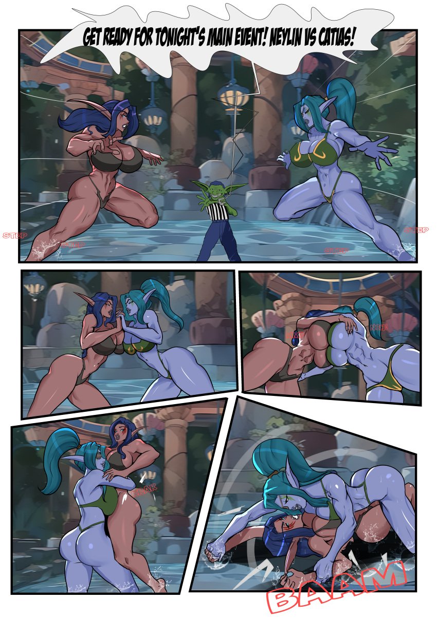 2girls abs ass athletic athletic_female bearhug bikini bikini_armor bikini_bottom bikini_top blue_body blue_hair blue_skin breasts catfight catias comic comic_page english_text eye_patch face_tattoo female female_focus female_on_top femdom fight fit fit_female goblin goblin_male interlocked_fingers large_breasts lasgaclaven multiple_girls muscular_female night_elf night_elf_female pinned_down ponytail pressed_together referee skimpy_bikini tattoo text thighs tshask underboob warcraft water world_of_warcraft wrestling wrestling_femdom