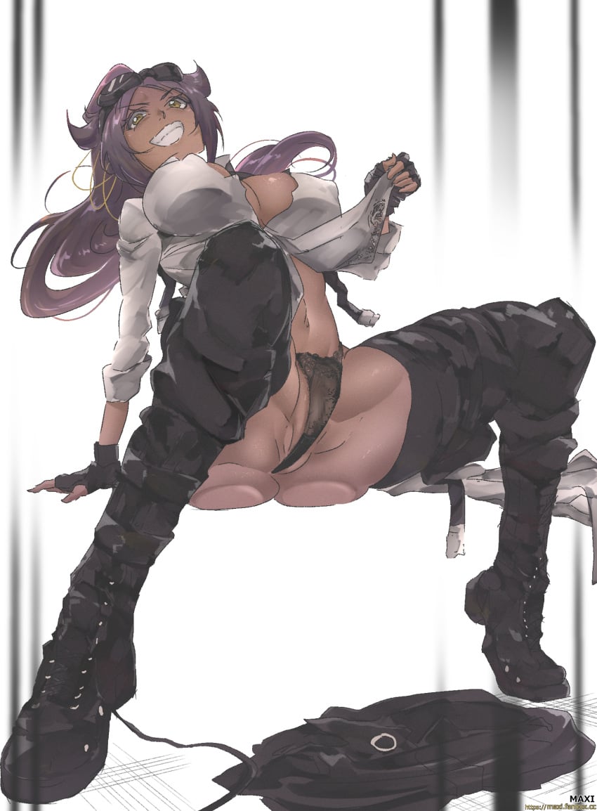 1girls arm_support ass big_ass big_breasts biker biker_girl bleach bleach:_the_thousand-year_blood_war boots bottomless bottomless_female brown_skin cleavage clothes_on_floor clothes_removed curvaceous curvy curvy_body curvy_female curvy_figure dark-skinned_female dark_skin female female_focus fingerless_gloves full_body g-string gloves goggles goggles_on_head grin highres hourglass_figure huge_ass jacket jacket_removed lifted_by_self long_boots looking_at_viewer maxi mostly_nude muscular muscular_female naughty naughty_face naughty_smile no_bra_under_clothes panties partially_clothed pinup ponytail presenting presenting_pussy purple_hair revealing_clothes see-through see-through_panties shihouin_yoruichi shirt shirt_lift sitting skimpy skimpy_clothes skirt skirt_removed sleeves_rolled_up slutty_clothing slutty_outfit smile solo solo_focus straps sunglasses sunglasses_on_head teasing thick_thighs thighs tied_hair toned toned_female undressing very_long_hair visible_pussy voluptuous watermark yellow_eyes