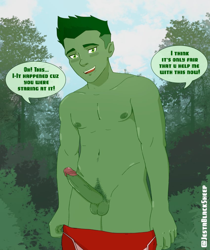 beast_boy big_cock boner cartoon_network dialogue dick embarrassed embarrassed_nude_male erection garfield_logan gay green_body green_eyes green_hair green_skin hairy hard_on jestablacksheep male_only naked naked_male nature nature_background penis public shirtless shirtless_male solo solo_male story superhero teen_titans undressing yaoi young_justice