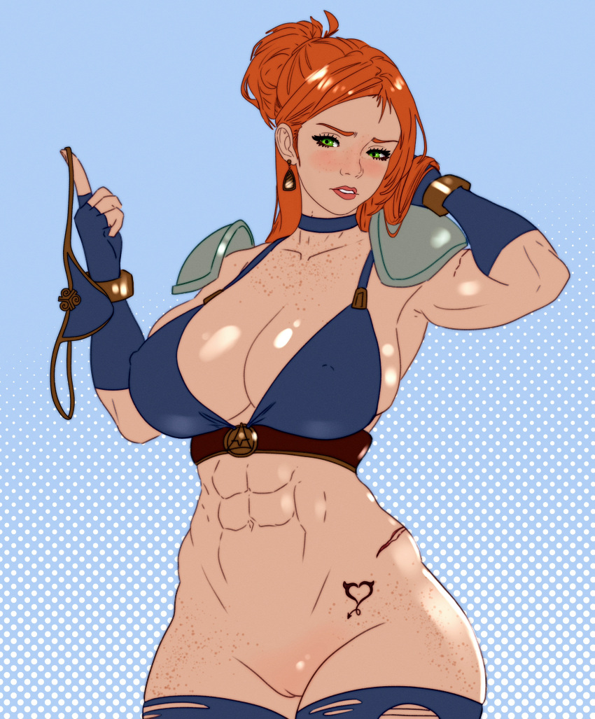 1girls 2d abs armor armored_female bikini_armor blue_background blue_clothing blush blushing bracelet choker clothed clothed_female clothing earrings embarrassed female freckled_skin freckles freckles_on_breasts freckles_on_chest freckles_on_face freckles_on_shoulders freckles_on_thighs ginger ginger_hair green_eyes half_updo hand_in_hair holding_object holding_panties huge_breasts long_hair marci(simpbot2k) muscular_female oc panties panties_removed ponytail presenting_panties red_hair ripped_clothing scar shadow simpbot2k simple_background solo standing sunlight