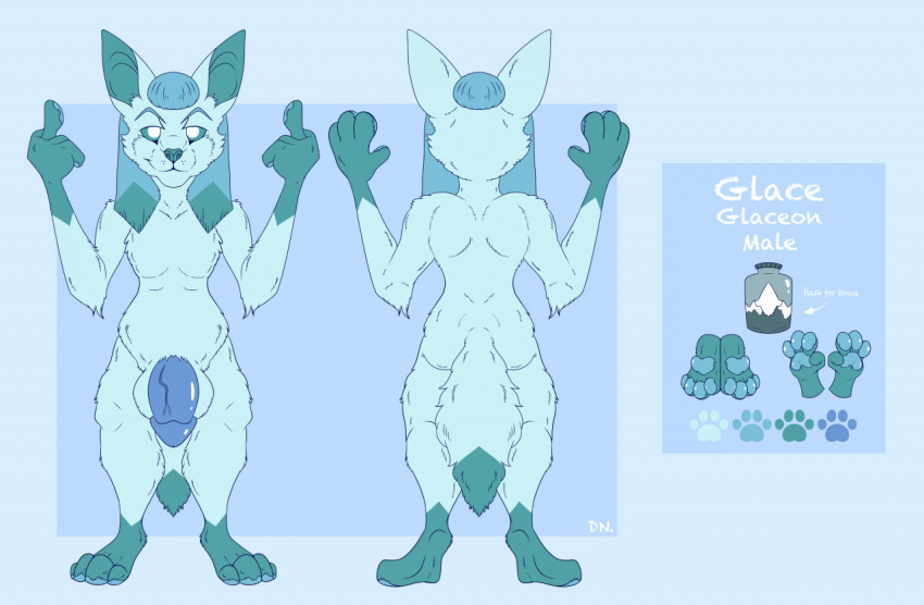 anthro anthrofied balls big_balls big_penis deurosion_(artist) eeveelution fan_character flask flipping_viewer_off fur furry_tail generation_4_pokemon genitals gesture glace_(~hey_yo~) glaceon hand_gesture huge_balls huge_cock male middle_finger model_sheet nintendo nude pawpads penis pokemon pokemon_(species) reference_to_character rude solo tail vein veiny_penis