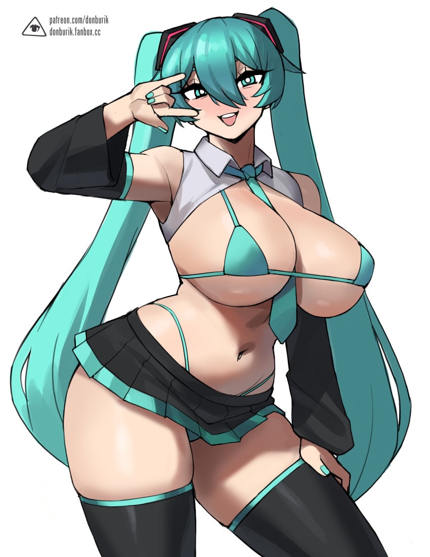 1girls alternate_breast_size aqua_eyes aqua_hair bikini breasts donburikazoku female hatsune_miku hatsune_miku_(collared_bikini) hips large_breasts long_hair midriff short_skirt skirt string_panties thick_thighs twintails vocaloid wide_hips