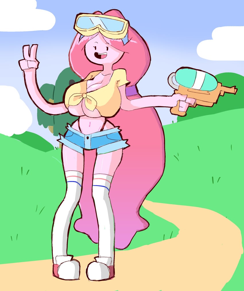 adventure_time alternate_breast_size booty_shorts cleavage eks-out huge_breasts mob_face princess_bubblegum thigh_gap water_gun wide_hips