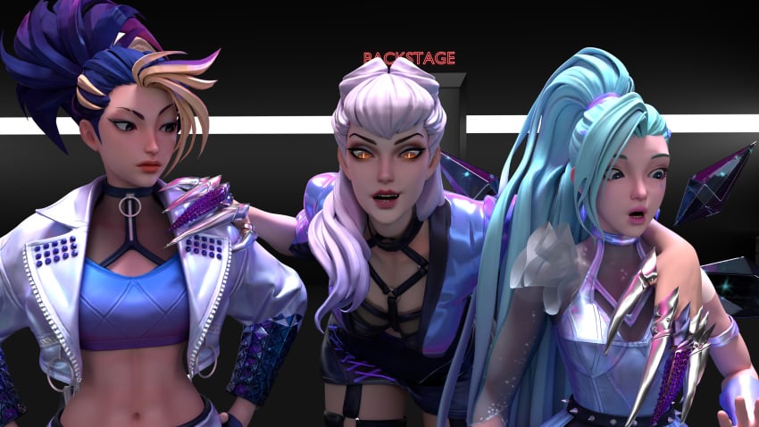 3d 3d_(artwork) 3girls akali_jhomen_tethi blonde_hair blue_hair clothed clothes erevos evelynn female_only hugging image_set jacket k/da_all_out_akali k/da_all_out_evelynn k/da_all_out_seraphine k/da_all_out_series league_of_legends no_penetration seraphine_(league_of_legends) skirt teal_hair two_tone_hair white_hair yellow_eyes