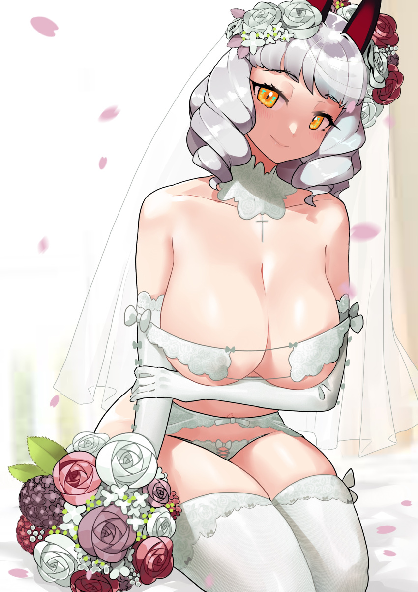 1girls 2022 bouquet breasts carmilla_(fate) cleavage fate/grand_order fate_(series) female female_only flowers hair_ornament hi_res hips holding_object huge_breasts indoors kneeling kneeling_on_bed lingerie looking_at_viewer monkey_jon pale-skinned_female pale_skin short_hair slim_waist smile thick_thighs thighs wedding_lingerie white_hair wide_hips yellow_eyes