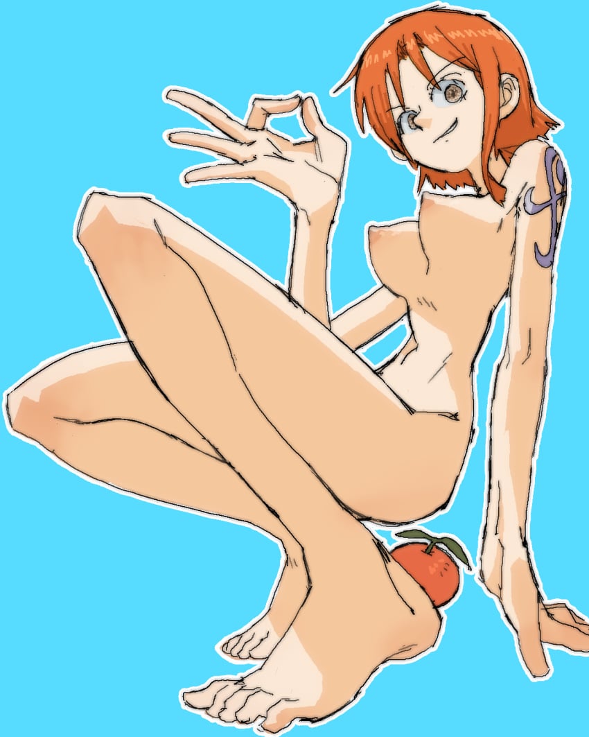 completely_nude completely_nude_female female female_only leaning_on_hand looking_at_viewer nami okay_sign one_piece orange orange_hair pantsu_ripper pre-timeskip red_hair tattoo tattooed_arm