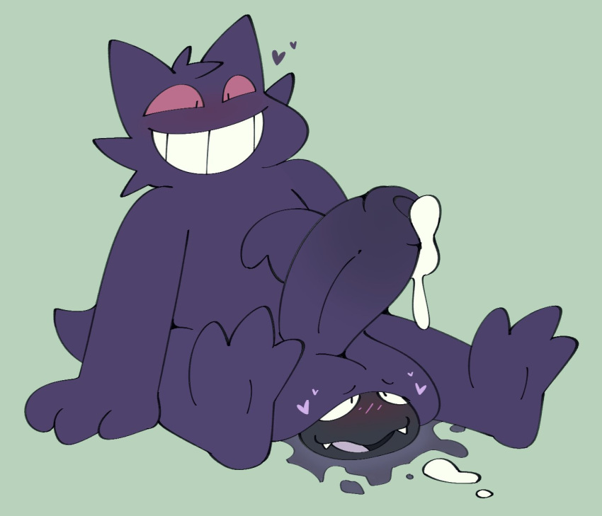 anthro balls balls_focus balls_on_face balls_on_head big_penis birdvian blushing cum cum_drip cum_on_floor digital_media_(artwork) feral gastly gengar huge_cock hyper_penis male_only nintendo no_background non-human penis pokemon pokemon_(species) red_sclera resting_balls sitting_on_person smiling tagme