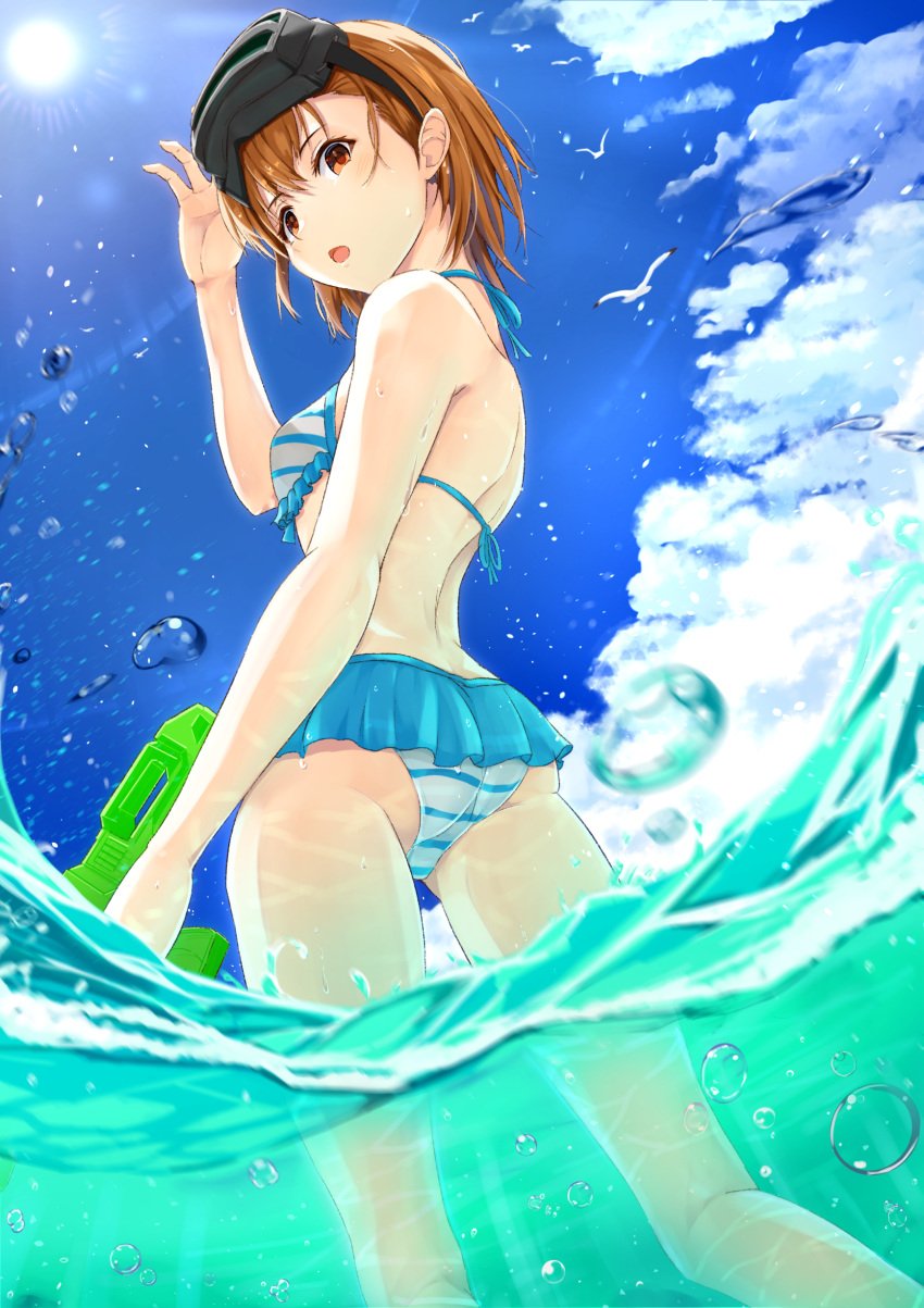 1girls 2021 :o ass bare_back bare_thighs bikini blue_sky breasts brown_eyes brown_hair clone cloud feet_out_of_frame goggles goggles_on_head head-mounted_display hi_res k3rd looking_at_viewer misaka_imouto ocean open_mouth seagull short_hair sky small_breasts solo solo_female striped striped_bikini sun sunny swimsuit teenage_girl teenager thighs to_aru_kagaku_no_railgun to_aru_majutsu_no_index water_drop water_gun young