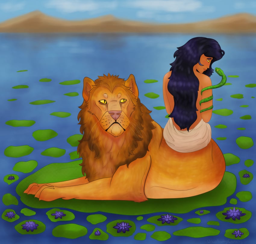 blue_black_hair canon dark-skinned_female dark_skin kedesh-nanaya lily_(flower) lily_pad lion looking_at_another male official_art orange_fur robe robe_only scp scp-4960 scp_foundation snake yellow_eyes