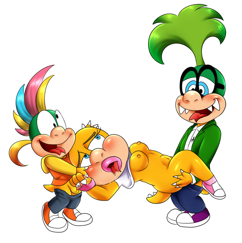 1girls 2boys breasts clothing female full_body iggy_koopa incest koopaling lemmy_koopa male mario_(series) multiple_boys nipples oral sex simple_background standing tail wendy_o._koopa white_background