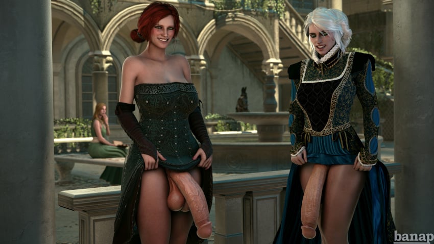 3d 3d_(artwork) banap big_balls big_breasts big_penis blender blender_(software) ciri dress dress_lift futa_only futanari green_eyes hazel_eyes pale_skin red_hair smile smiling smiling_at_viewer the_witcher_(series) the_witcher_3:_wild_hunt triss_merigold white_hair