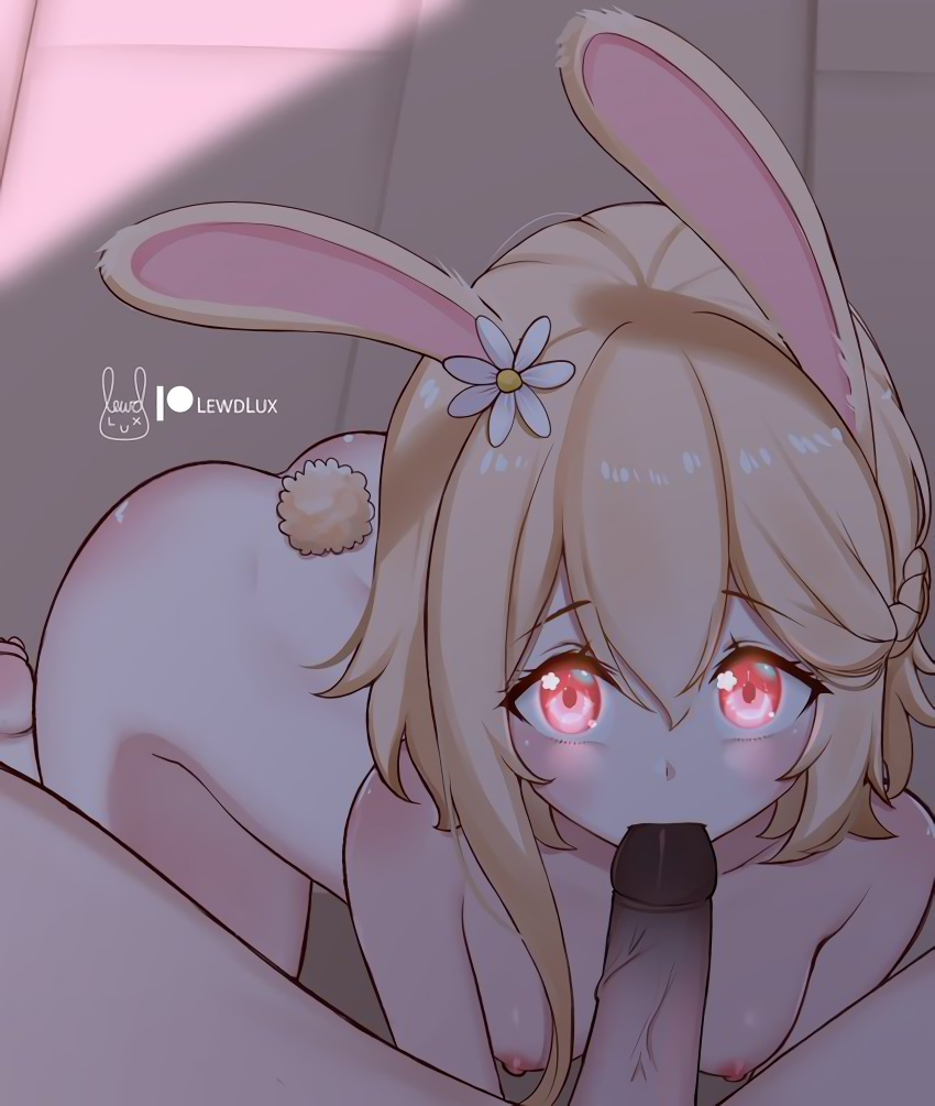 1boy 1girls absurd_res ai_upscaled all_fours areola areolae barely_visible_breasts before_oral blonde_hair breasts bunny_ears bunny_girl bunny_tail bunnygirl cute eye_contact fellatio female female_focus hands-free high_res high_resolution highres indie_virtual_youtuber lewdlux lewdlux_(vtuber) ludicrous_res nipple nipples oral oral_sex pale-skinned_female pov rabbit_ears red_hair small_breasts teenager upscaled virtual_youtuber