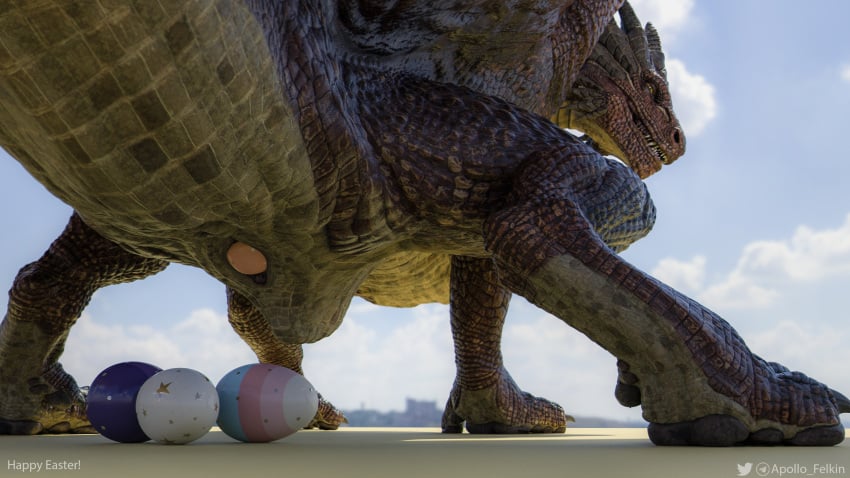 16:9 3d 3d_(artwork) 4k absurd_res anus arnold_(software) ass digital_media_(artwork) dragon easter_egg egg egg_laying feet female female_only feral genitals hi_res looking_at_viewer low-angle_view maya_(software) multicolored_body nova_(apollo) pawpads presenting presenting_hindquarters puffy_anus pussy realistic red_body scales scalie solo solo_female stripes substance_painter_(software) two_tone_body western_dragon widescreen zbrush