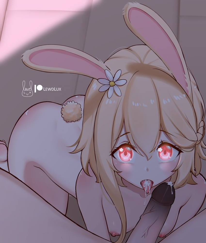 1boy 1girls absurd_res after_oral ai_upscaled all_fours areola areolae barely_visible_breasts blonde_hair breasts bunny_ears bunny_girl bunny_tail bunnygirl cum cum_in_mouth cute eye_contact fellatio female female_focus hands-free high_res high_resolution highres indie_virtual_youtuber lewdlux lewdlux_(vtuber) ludicrous_res nipple nipples oral oral_sex pale-skinned_female penis pov rabbit_ears red_hair small_breasts teenager tongue_out upscaled virtual_youtuber