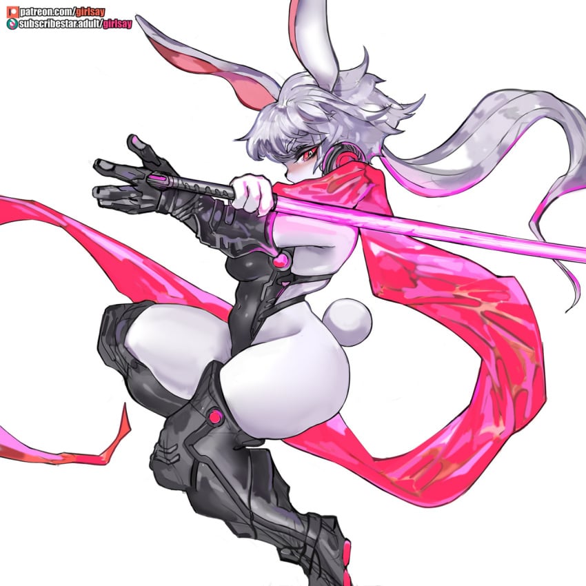 2022 anthro ass belly_button belly_button_visible_through_clothing black_nose black_pupils blush breasts bunny_ears bunny_tail eyelashes eyelashes_visible_through_hair female female_only furry furry_female furry_only girlsay grey_hair hair holding_weapon lagomorph lagomorph_humanoid lightsaber long_hair looking_at_viewer mammal mammal_humanoid original_character patreon patreon_username rabbit rabbit_humanoid red_sclera ruby_(girlsay) solo solo_female subscribestar_username suit tagme thick_thighs thighs weapon white_background white_body white_eyes white_iris