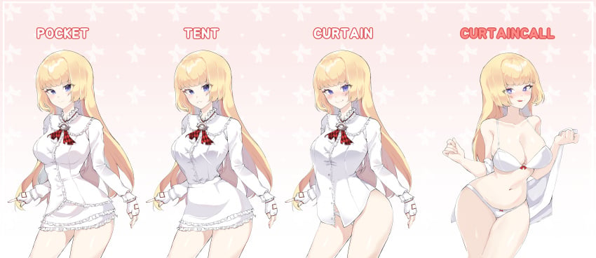 1girls absurd_res blonde_hair blunt_bangs blush bra cleavage curtain_call_challenge emilie_de_rochefort female female_only heart-shaped_pupils johwa light-skinned_female navel panties tekken tekken_7 underwear