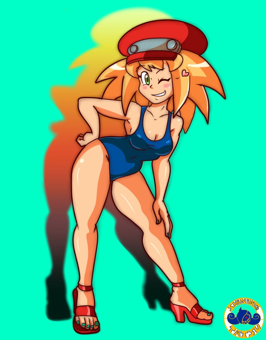 1girls absurdres armpit_peek bent_over blonde_hair blue_swimsuit blush breasts capcom cleavage covered_navel cute feet female female_only firegon55 green_eyes grin hand_on_hip hand_on_knee hand_on_own_knee hand_on_own_thigh hand_on_thigh heart heels highres leaning_forward legs medium_breasts mega_man mega_man_legends one-piece_swimsuit one_eye_closed pose posing roll_caskett sensual shiningtatsu smile supergon55 swimsuit thighs wink