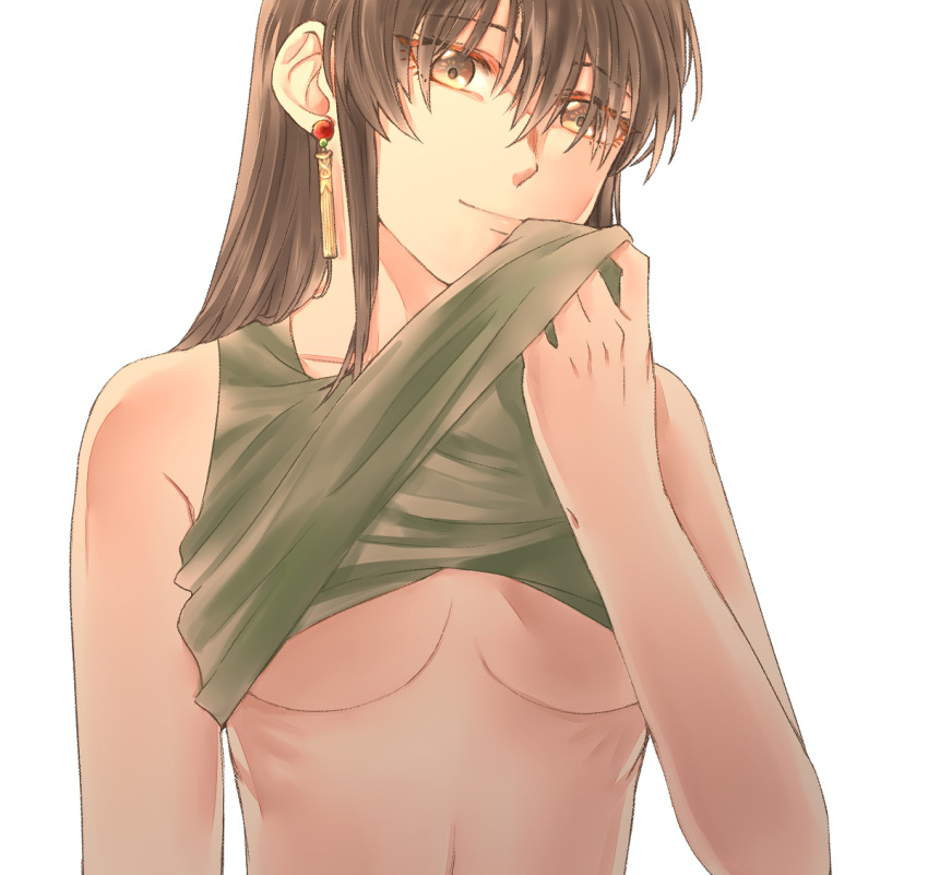 1girls bai_lao_shu black_hair breasts brown_eyes brown_hair clothes_lift covering earrings female female_only fire_emblem fire_emblem:_thracia_776 green_tank_top half_naked highres jewelry large_breasts long_hair mareeta_(fire_emblem) nintendo shirt_lift sidelocks small_breasts smile tank_top upper_body white_background