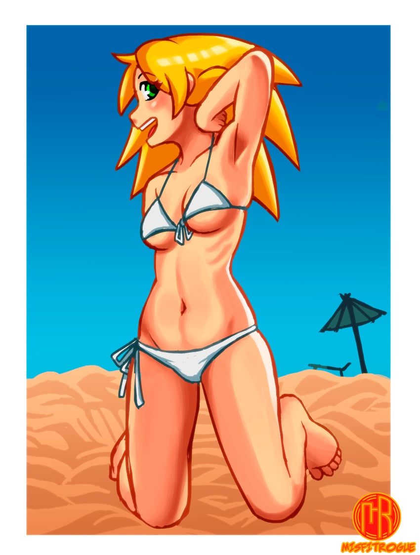 1girls absurdres armpits arms_up artist_name beach bikini blonde_hair breasts capcom cleavage female female_only green_eyes highres kneeling looking_at_viewer medium_breasts mega_man mega_man_legends misfitrogue242 navel open_mouth pose posing roll_caskett smile swimsuit underboob white_bikini