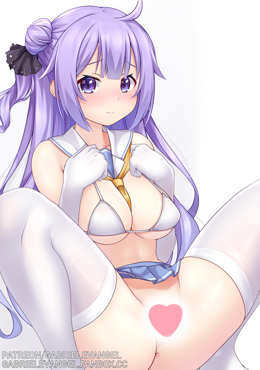 1girls ahoge alternate_breast_size azur_lane bangs black_ribbon blush breasts eyebrows_visible_through_hair gabriel_evangel gloves hair_between_eyes highres light-skinned_female light_skin long_hair looking_at_viewer microskirt no_panties purple_eyes purple_hair ribbon royal_navy_(azur_lane) sailor_collar school_uniform serafuku side_bun side_ponytail simple_background skindentation skirt spread_legs squatting string_bra thighhighs unicorn_(azur_lane) white_background white_gloves white_legwear