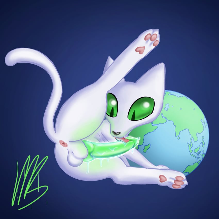 alien anus balls conspiracy_catz domestic_cat felid feline felis feral genitals globe glowing glowing_genitalia glowing_penis green_eyes green_penis hi_res male mammal maulnarch_blooderfly penis planet simple_background slime solo white_body