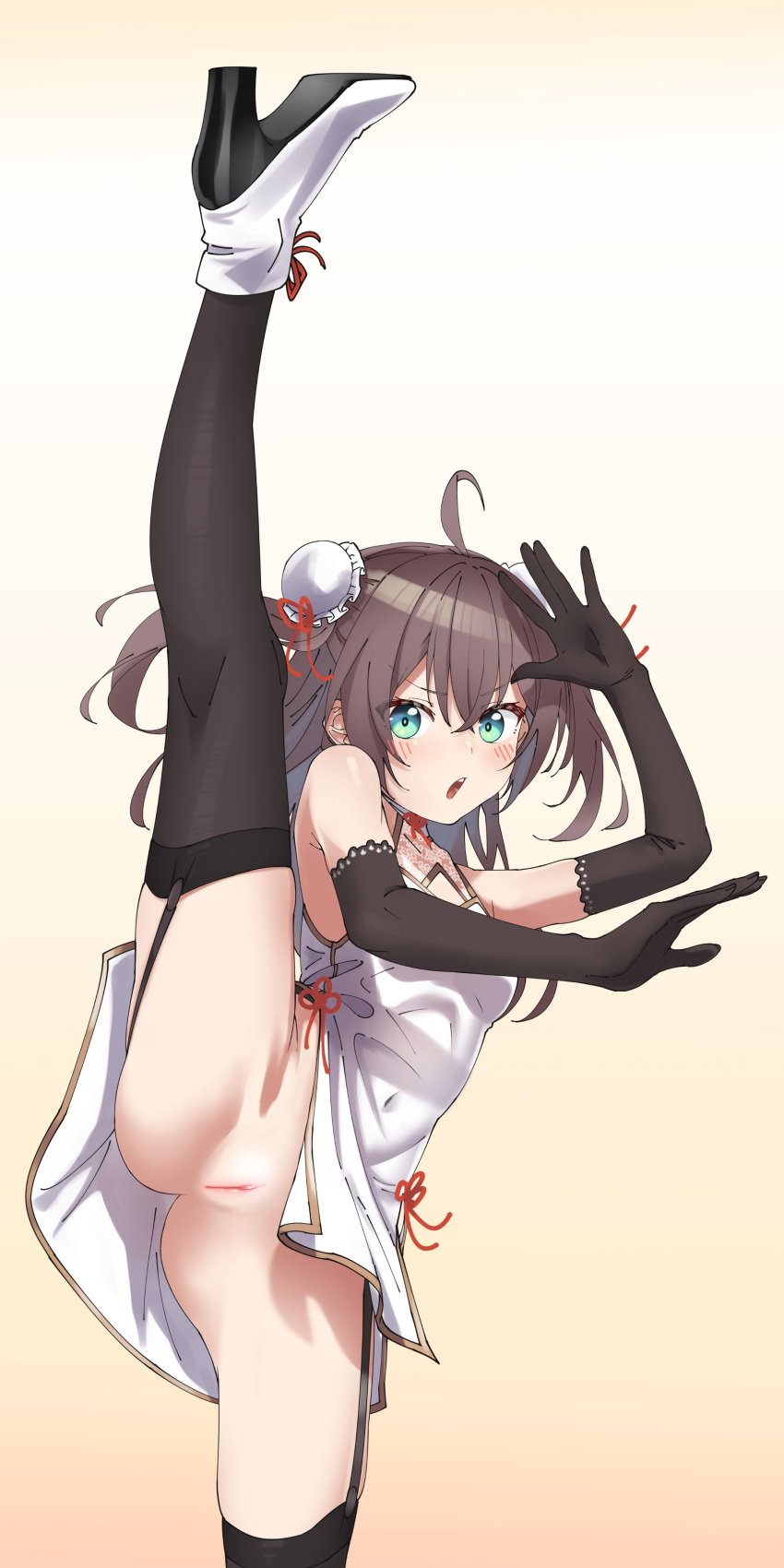 black_hair black_legwear bun_cover chinese_clothes cinomoon female fighting_pose fighting_stance garter_straps green_eyes hololive hololive_gen_1 hololive_japan leg_lift natsuiro_matsuri nopan spread_legs standing standing_on_one_leg standing_split thighhighs uncensored vagina virtual_youtuber