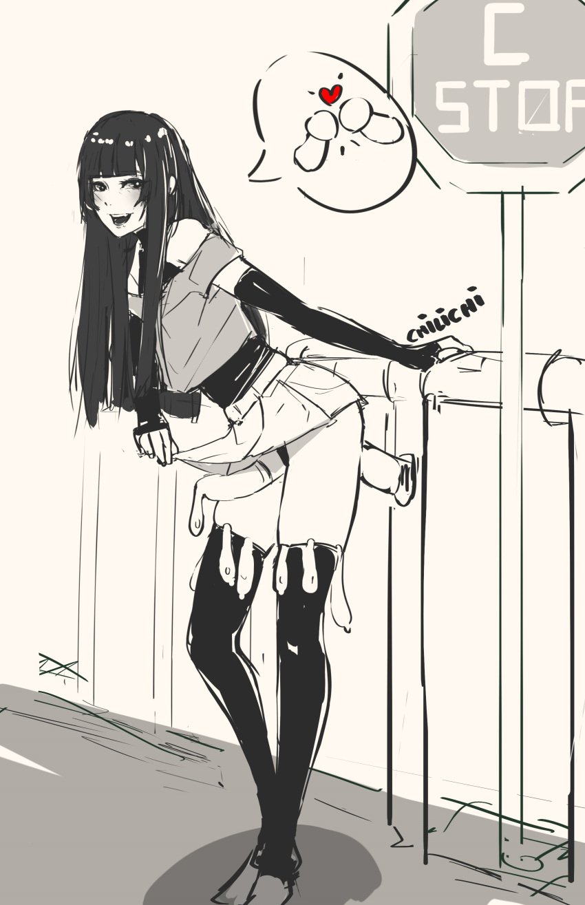 black_hair blush chilichi condom cum detached_sleeves dildo feet femboy filled_condom guard_rail hime_cut leotard long_hair male masturbation penis shirt skirt stop_sign thighhighs used_condom