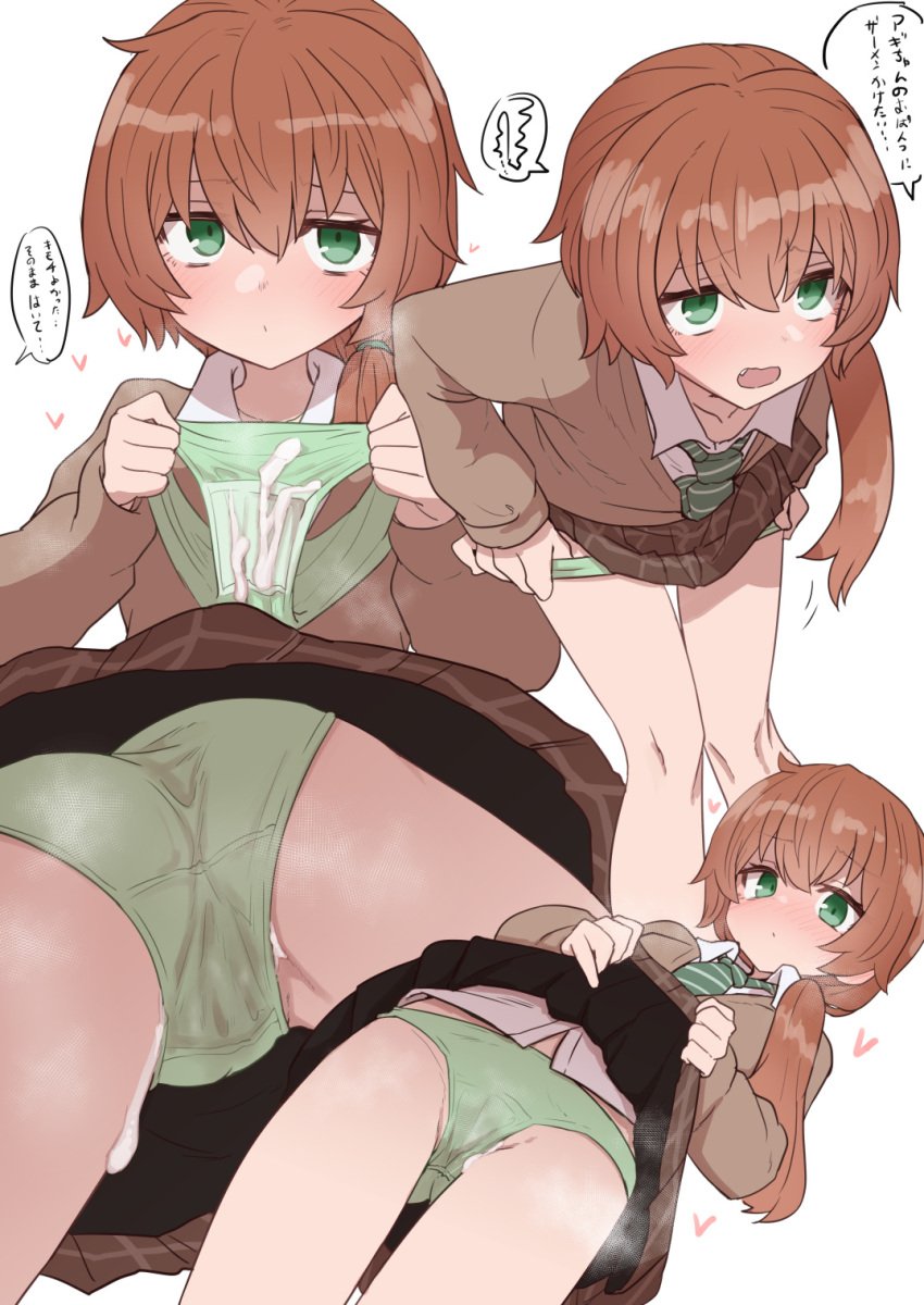 bangs blush brown_hair clothes_lift collarbone cowboy_shot cum cum_in_clothes cum_in_panties cum_on_clothes cum_on_panties cum_through_clothes cum_wearing cum_wearing_(panties) eyebrows_visible_through_hair female green_eyes green_panties hair_between_eyes heart highres long_hair looking_at_viewer multiple_views necktie open_mouth original panties panty_pull pleated_skirt ponytail school_uniform shirt skirt skirt_lift solo steam sumiyao_(amam) translation_request underwear upskirt