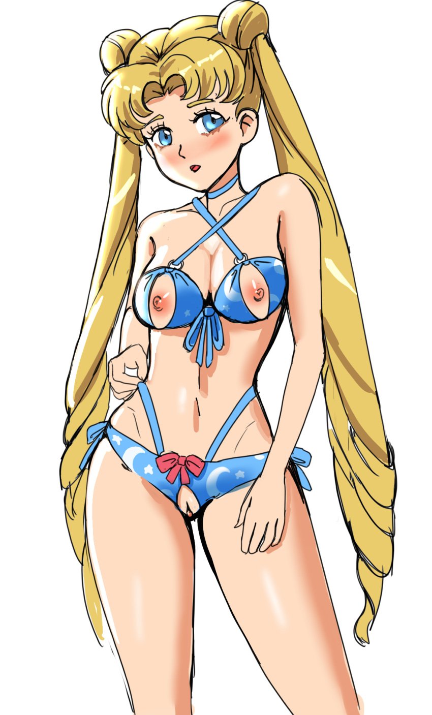 1girls bikini bishoujo_senshi_sailor_moon blonde_hair blue_eyes breasts female female_only hair_buns nipples pussy revealing_bikini small_breasts solo sunbeam_(artist) swimsuit swimwear twintails usagi_tsukino