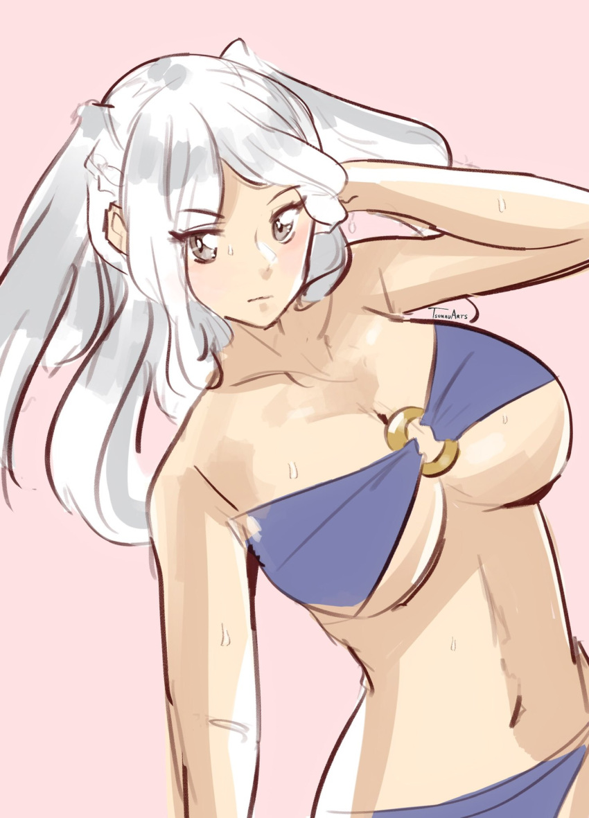 1girls alternate_costume bikini blue_bikini blue_swimsuit breasts brown_eyes cleavage female fire_emblem fire_emblem_awakening fire_emblem_heroes large_breasts long_hair nintendo o-ring o-ring_bikini official_alternate_costume robin_(fire_emblem) robin_(fire_emblem)_(female) solo sweat sweatdrop swimsuit tsunau twintails underboob white_hair