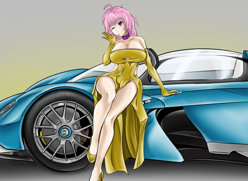 1girls alternate_version_available brainwashed brainwashing bzurrf car crystal_(lewd-zko) dress elbow_gloves gloves hypnosis mind_control pink_hair ponytail z-tech_(lewd-zko)