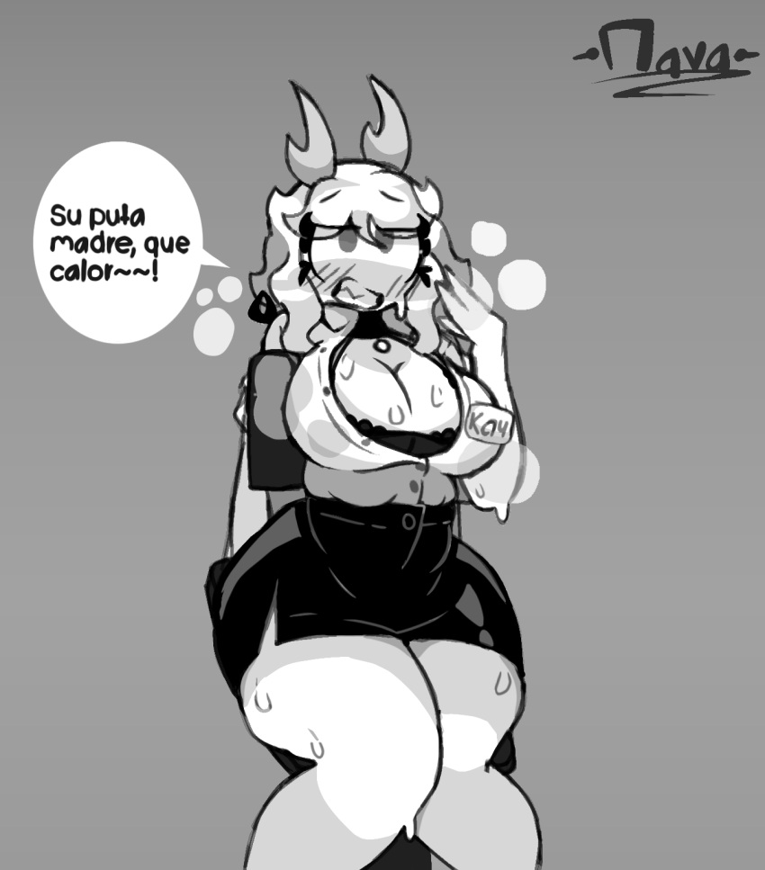 big_ass big_breasts black_and_white bra demon demon_girl flushed grey_background heat horns horny horny_female kay_(srnava) miniskirt necklace neckline oc spanish_text speech_bubble srnava steaming_body sweat sweating text translation_request uniform watermark white_body white_hair