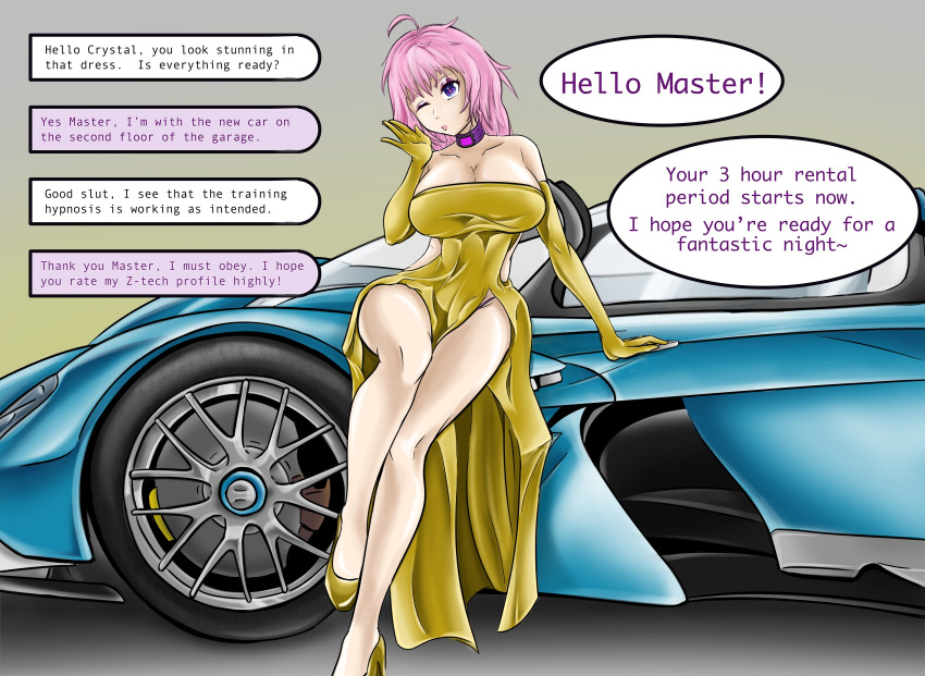 1girls alternate_version_available brainwashed brainwashing bzurrf car crystal_(lewd-zko) dress elbow_gloves english_text gloves hypnosis mind_control pink_hair ponytail speech_bubble text text_bubble z-tech_(lewd-zko)